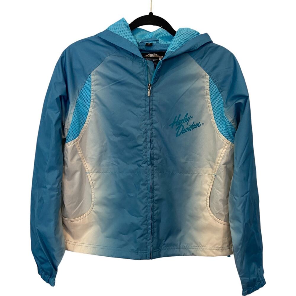 Vintage Harley Davidson Women Windbreaker Jacket M Blue Gradient Full Zip Hooded